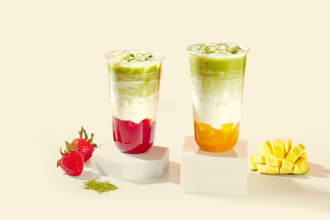 Strawberry and Mango Matcha Lattes