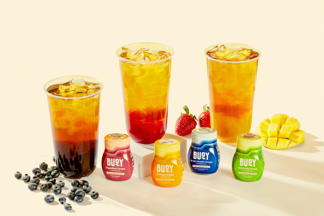 Glasses of tea with ice in fruit flavors with buoy boosts